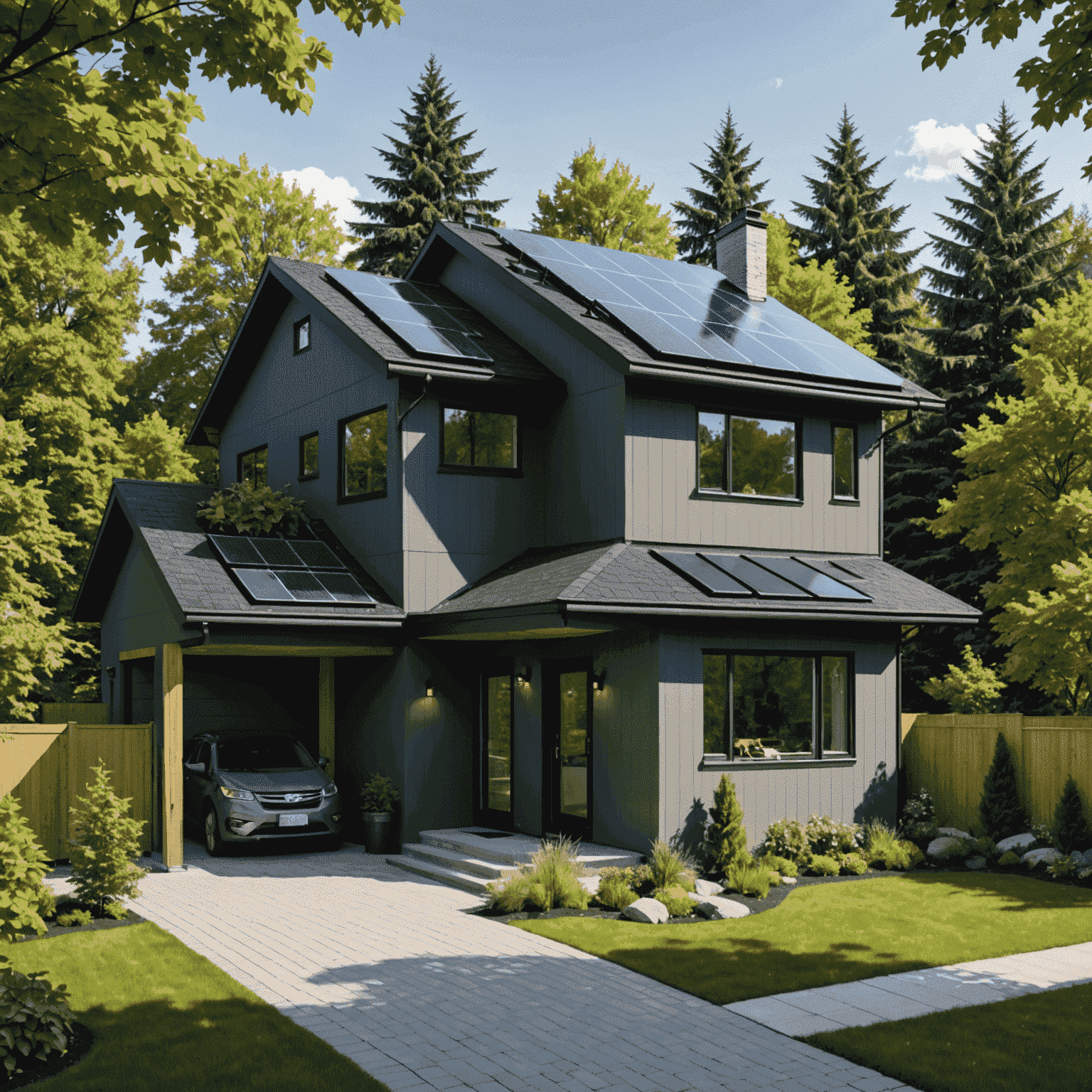 A modern Canadian home with roof-mounted solar panels, surrounded by lush greenery, showcasing the integration of solar technology in residential areas