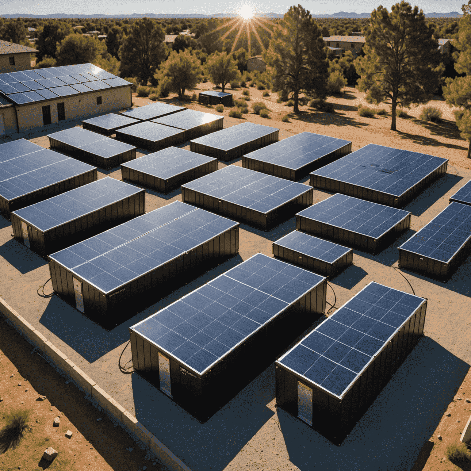 An array of advanced solar batteries connected to solar panels, showcasing cutting-edge energy storage technology