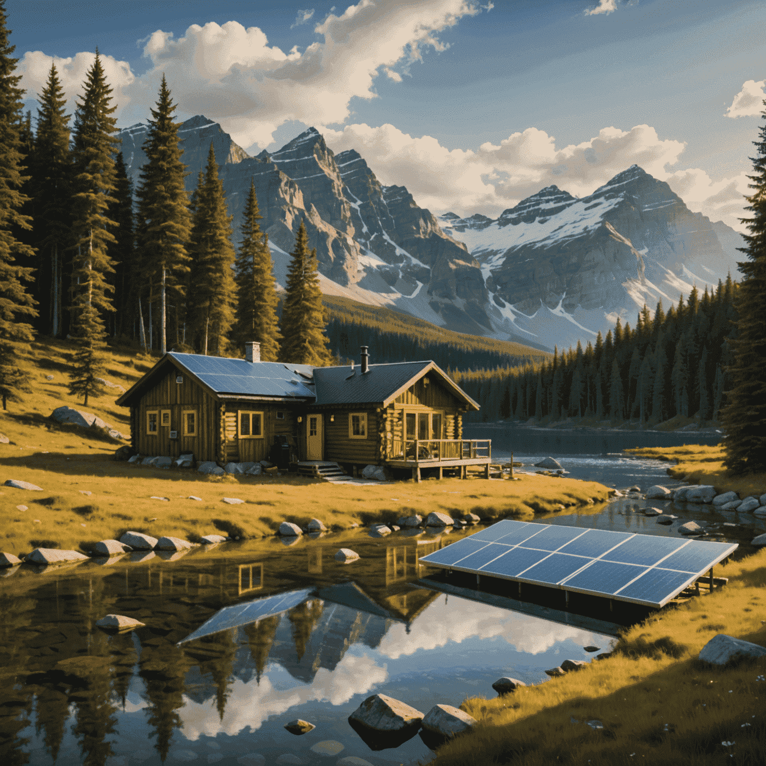 A picturesque Canadian landscape with a remote cabin powered by solar panels, symbolizing off-grid living and sustainable energy solutions