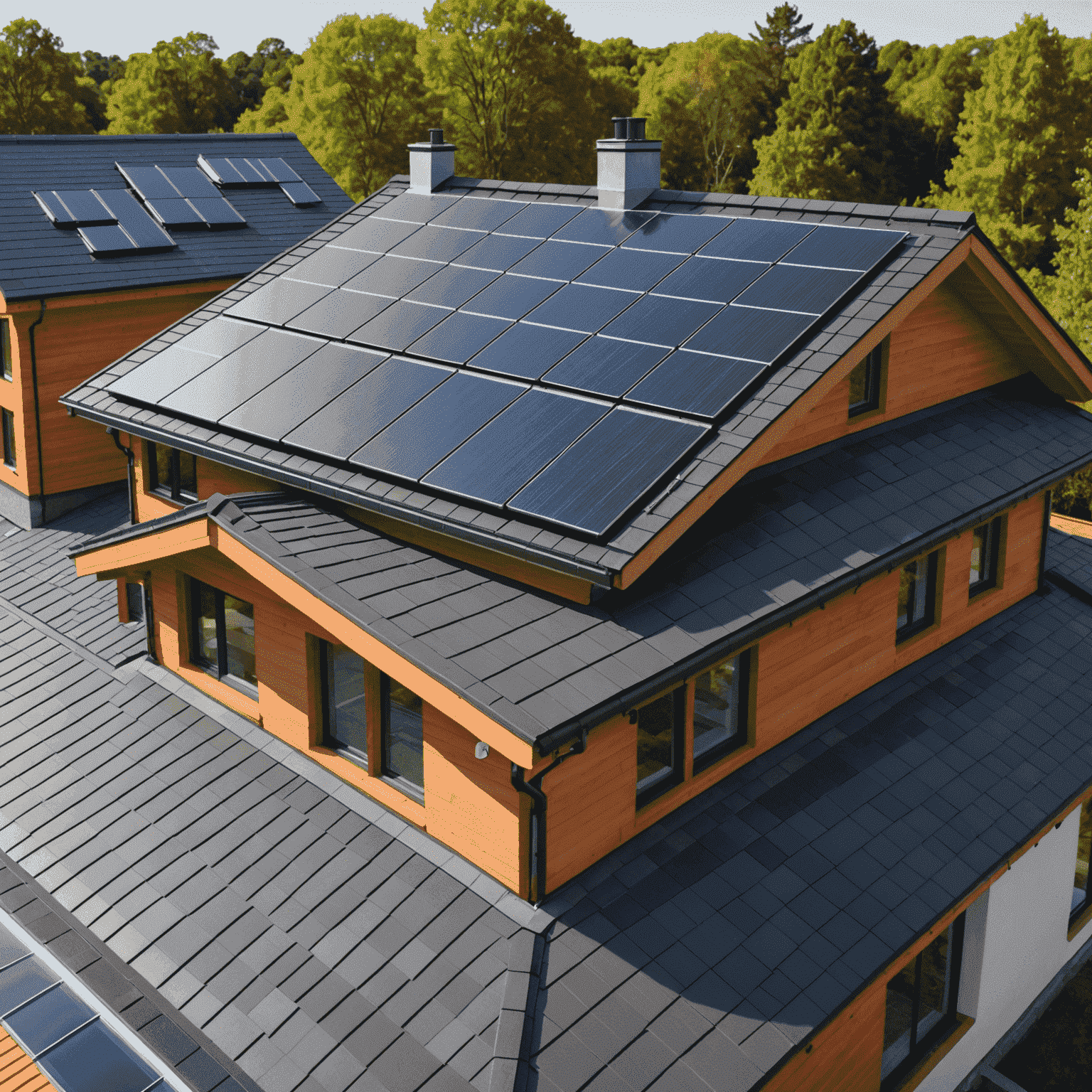 A close-up of solar roof tiles seamlessly integrated into a modern home's roofline