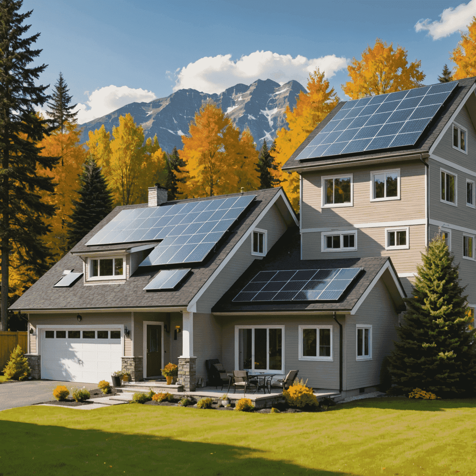 A split image showing a Canadian home with solar panels on the roof and a graph illustrating financial savings and return on investment