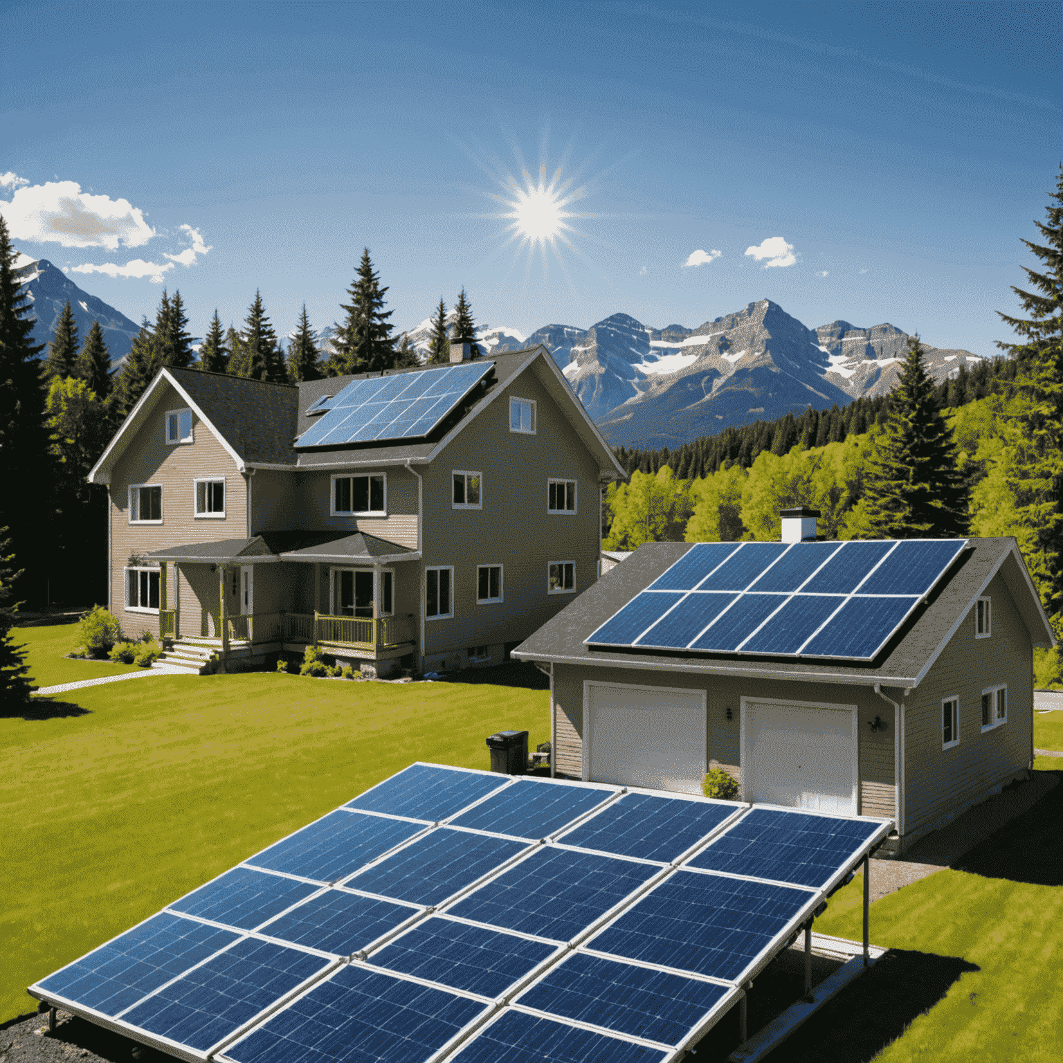 A split image showing a Canadian home with solar panels on the roof and a graph illustrating financial savings and return on investment