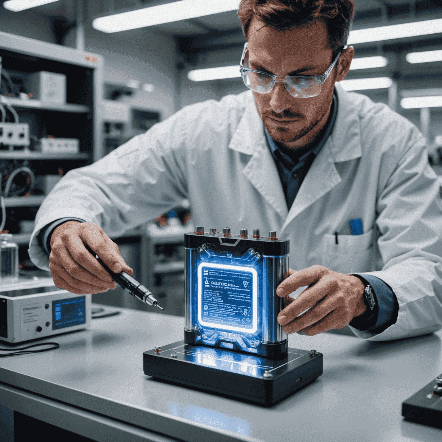 A futuristic solid-state battery prototype being tested in a high-tech laboratory environment