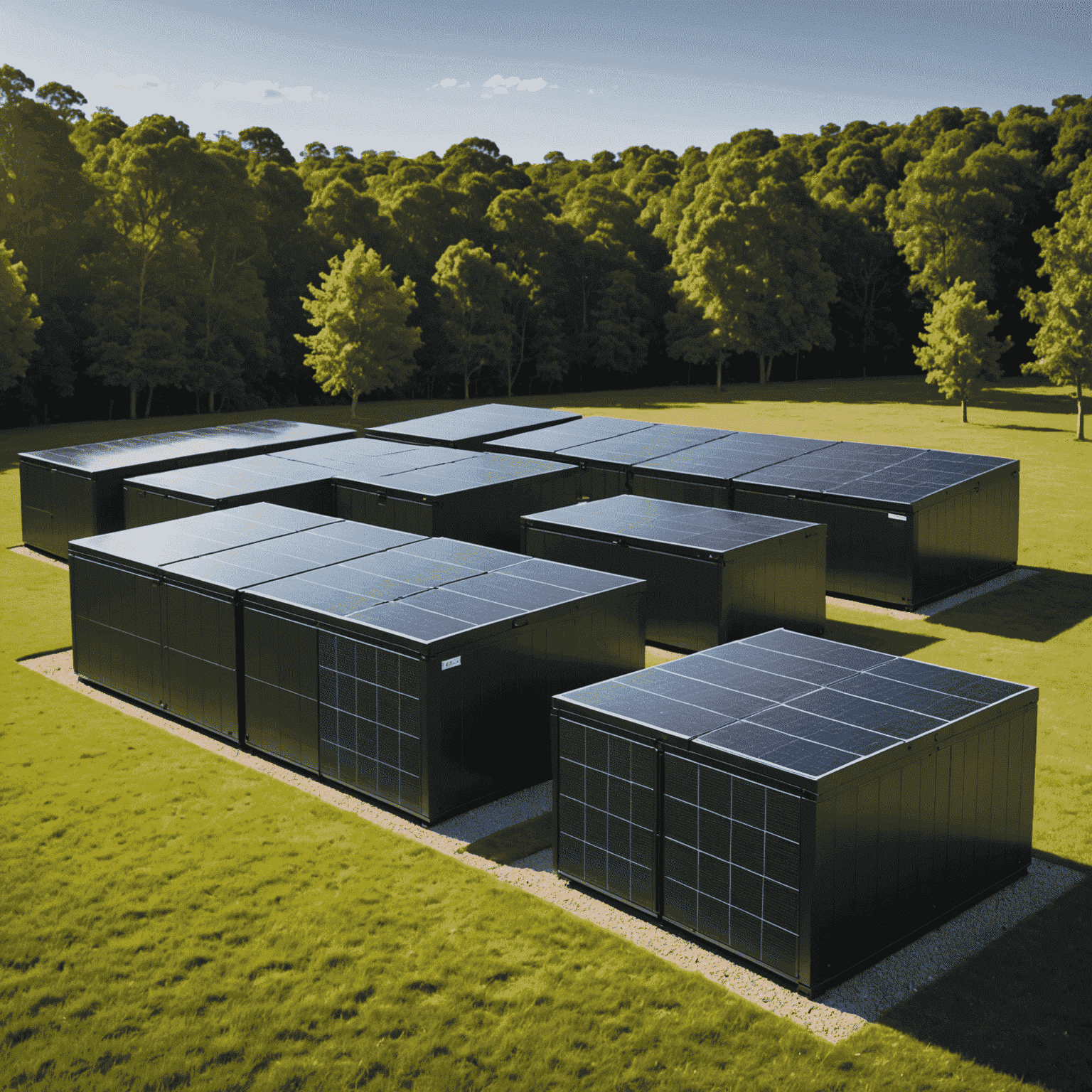 An array of modern, sleek battery storage units connected to solar panels, showcasing the latest in energy storage technology