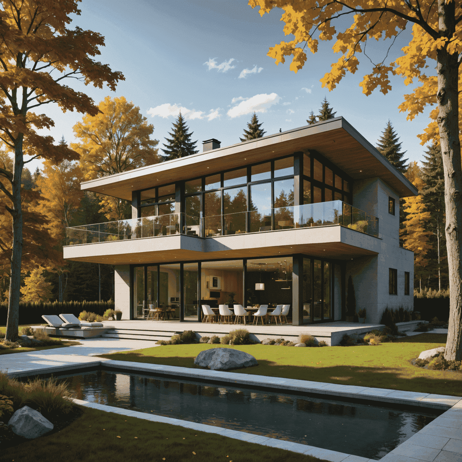 A modern, architecturally stunning home with integrated solar panels and green design elements, set against a Canadian landscape